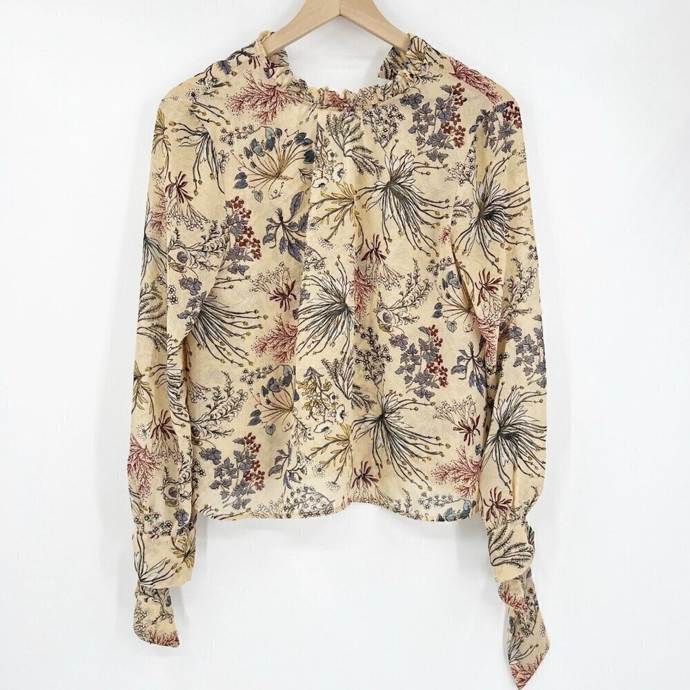 WAYF Porcelain Doll Blouse XS Tan Floral Tie Back Sheer Revolve Top